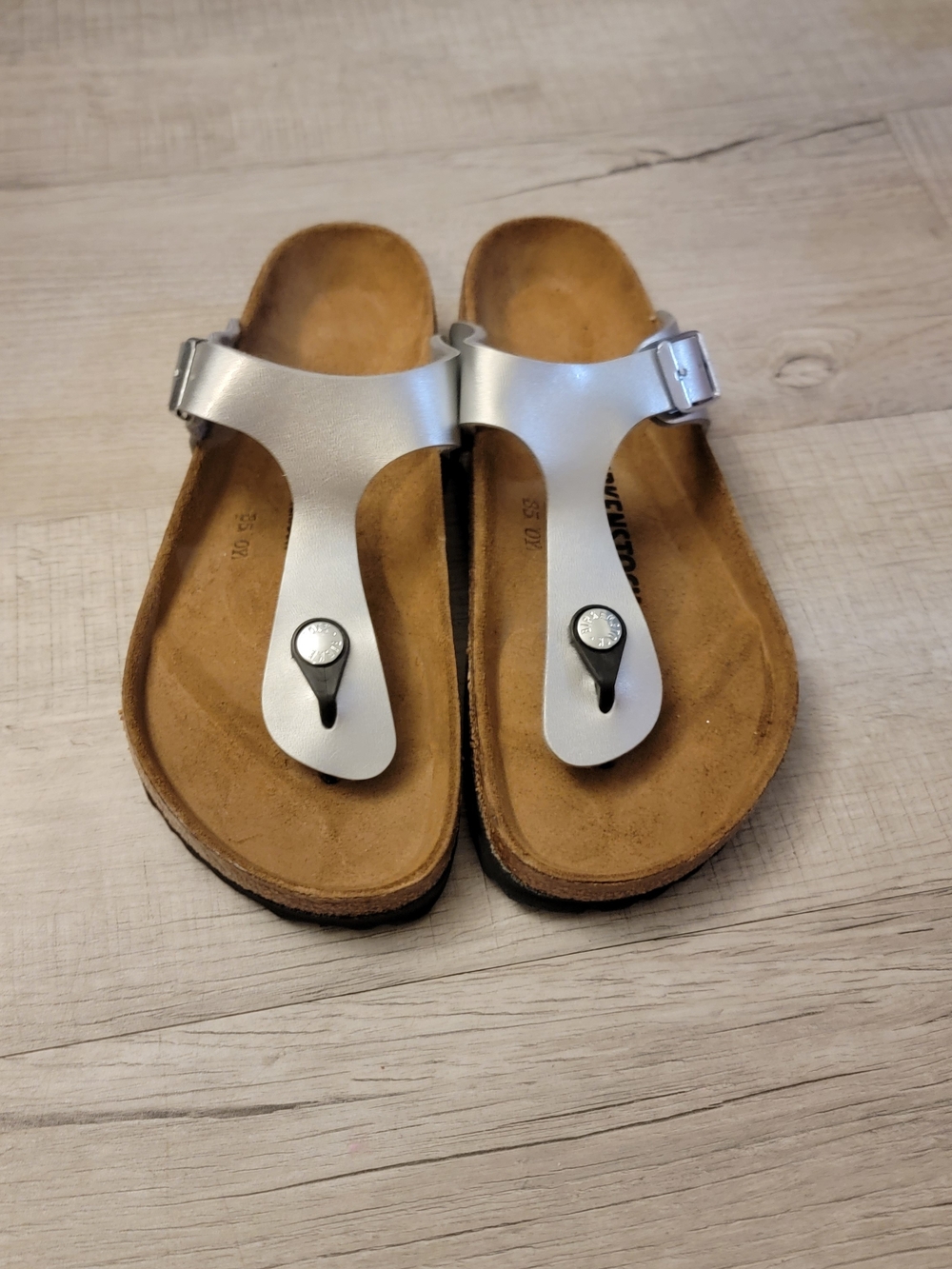 Birkenstock Silver Toe-Post Sandals with Buckle